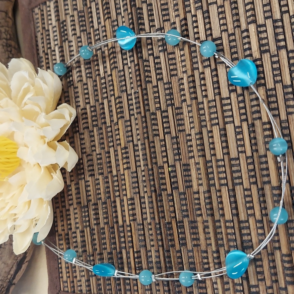 N1385 Blue Cats Eye Bead & Heart Multi Strand Necklace
